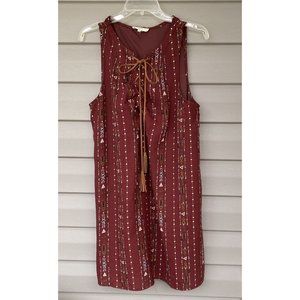 Entro Shift Dress Tunic Sleeveless Ethnic  Tribal Large Tie Front Orange Brown